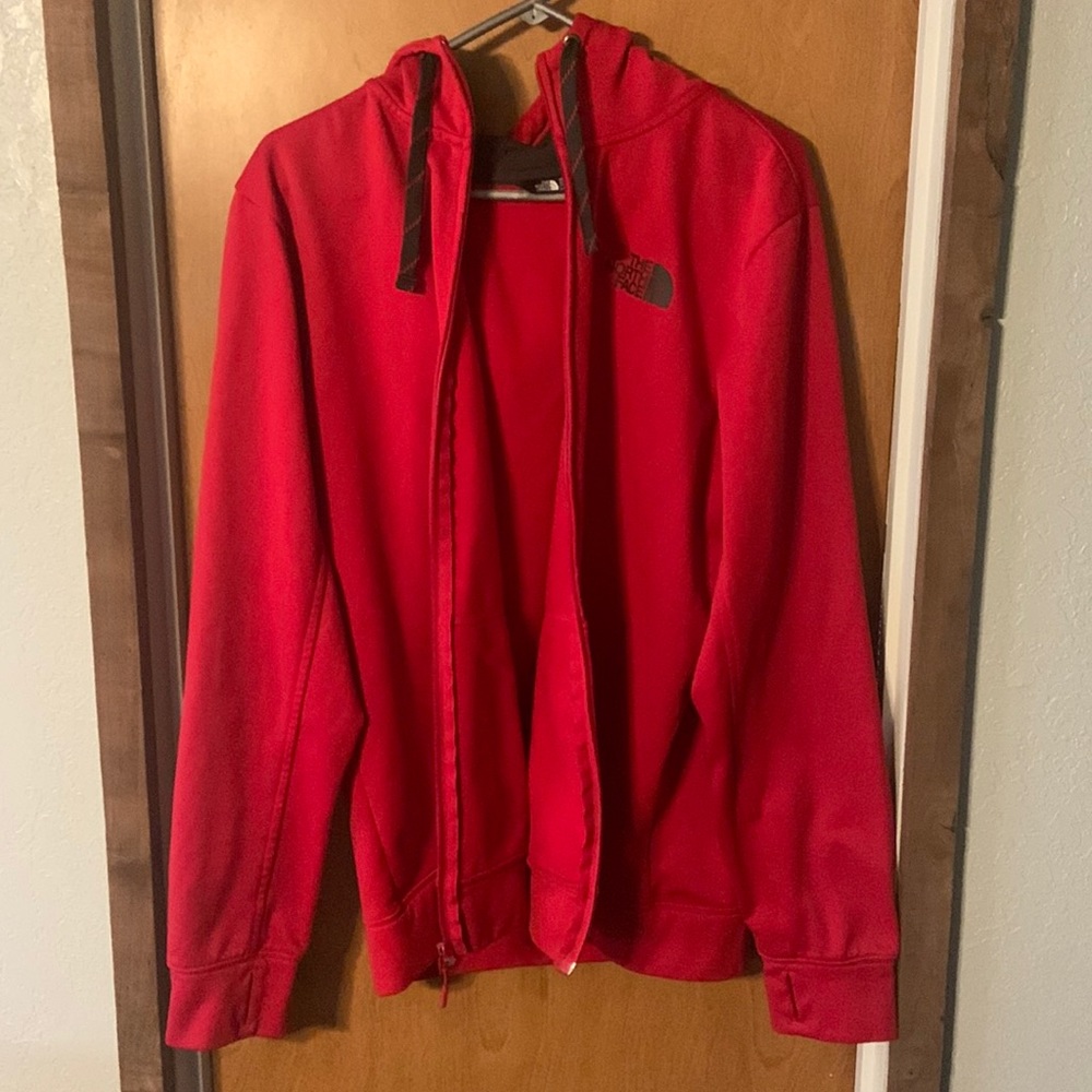 Men’s large red full zip soft shell hoodie from The North Face.
